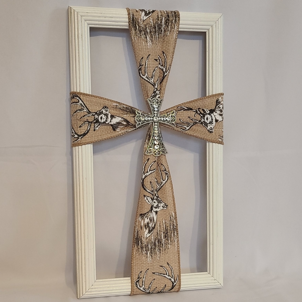 Frame Cross Art Hunting White Silver Cross Handmade Large - Picture 1 of 8